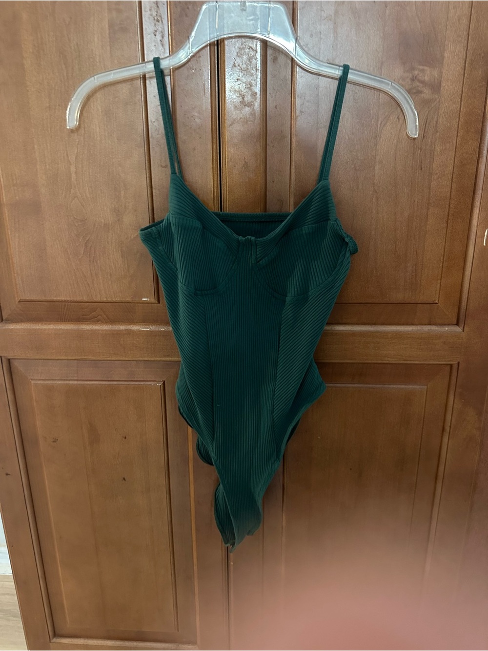 SHEIN Dark Green Ribbed Spaghetti-Strap Bodysuit